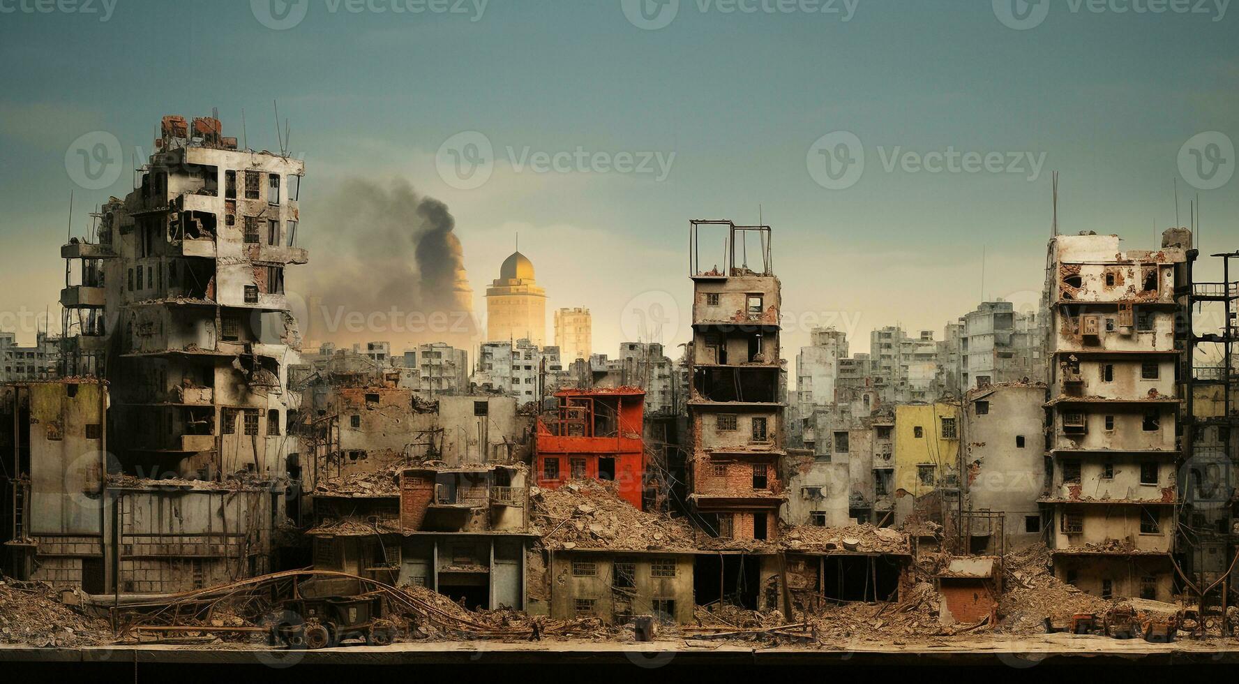 ai gegenereerd brandend gebouwen na de oorlog, oorlog tafereel, vlammend huizen foto