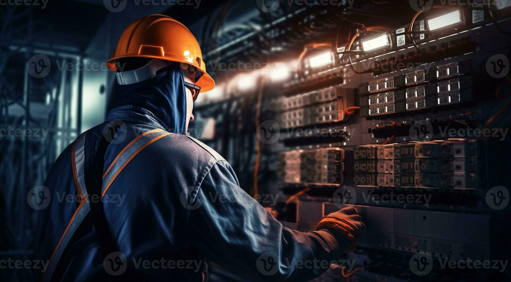 ai gegenereerd elektricien werken in een fabriek, arbeider met helm, elektrisch arbeider in actie foto