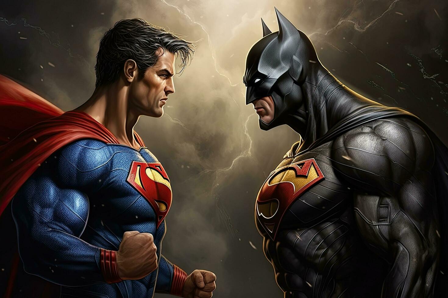ai gegenereerd twee krachtig superhelden vechten met elk andere over- donker achtergrond, ai gegenereerd foto