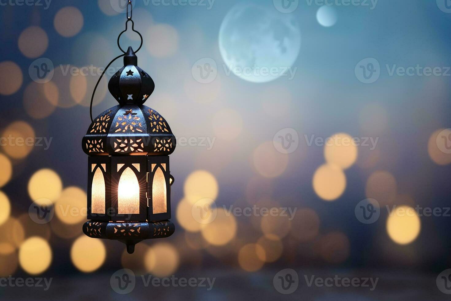 ai gegenereerd een verlichte Arabisch kleurrijk hangende Ramadan lantaarn foto