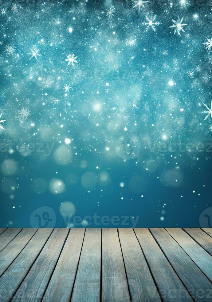ai gegenereerd vrolijk Kerstmis en gelukkig nieuw jaar groet achtergrond met tafel. winter landschap met sneeuwvlokken. copyspace voor tekst foto