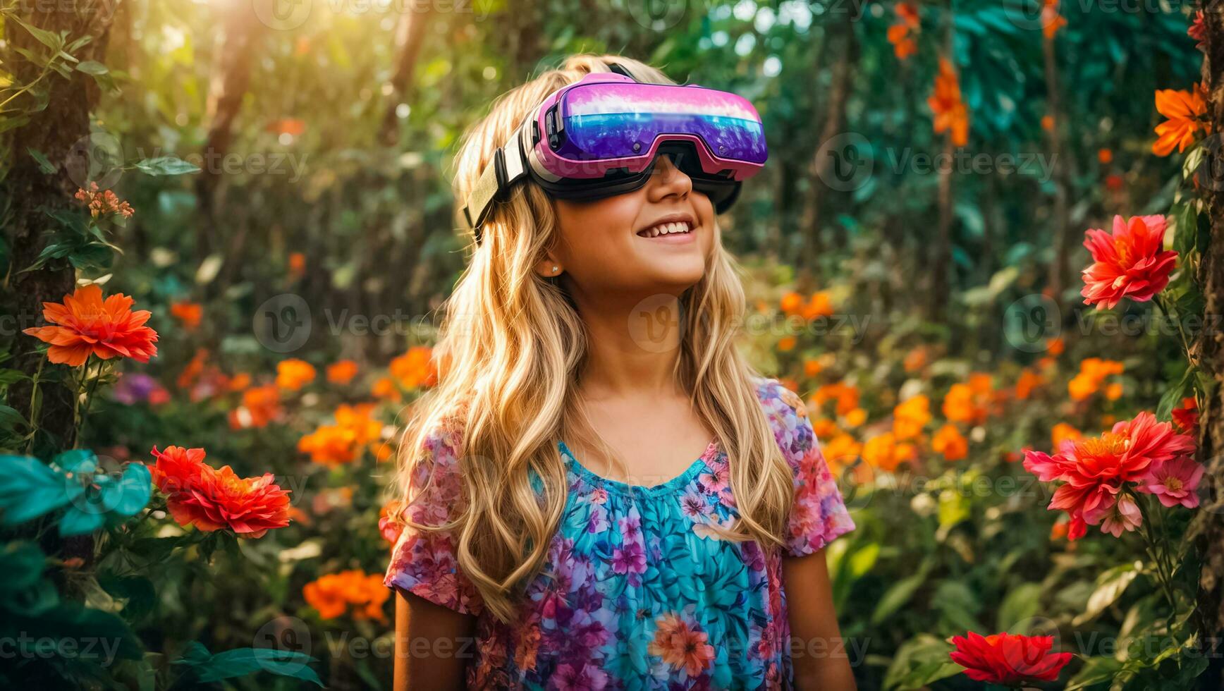 ai gegenereerd weinig meisje vervelend virtueel realiteit bril in de Woud, bloemen foto