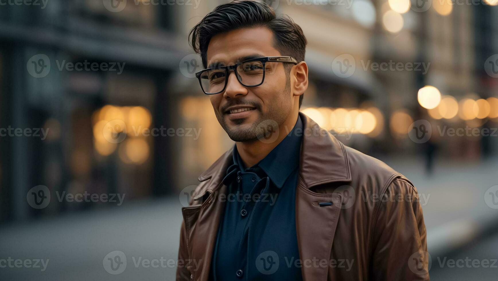 ai gegenereerd portret van een brutaal bedrijf Mens in bril Aan de straat foto