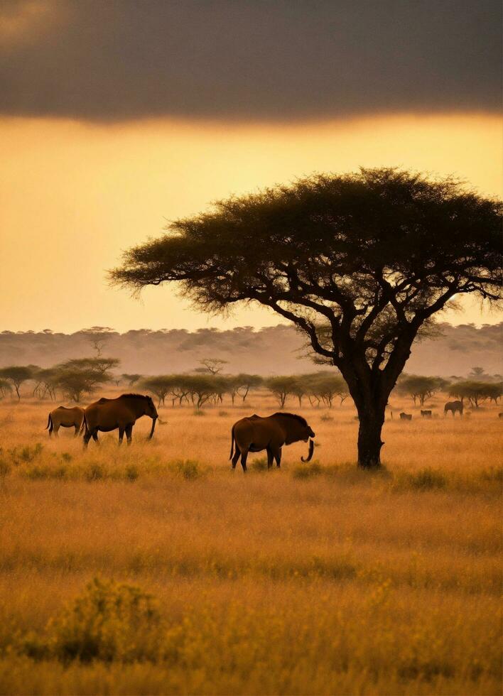 ai gegenereerd werelddierendag foto dier natuur ongedomesticeerd in met gras begroeid savanne Bij zonsondergang generatief ai