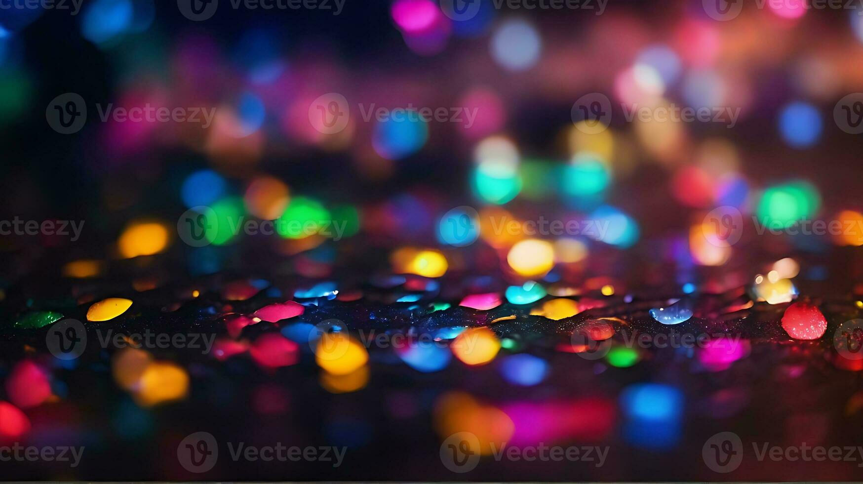 ai gegenereerd schitteren bokeh verlichting effect kleurrijk wazig abstract achtergrond verjaardag verjaardag bruiloften veelkleurig bokeh, regenen licht, wazig lichten, wazig regenboog confettis zwart achtergrond foto