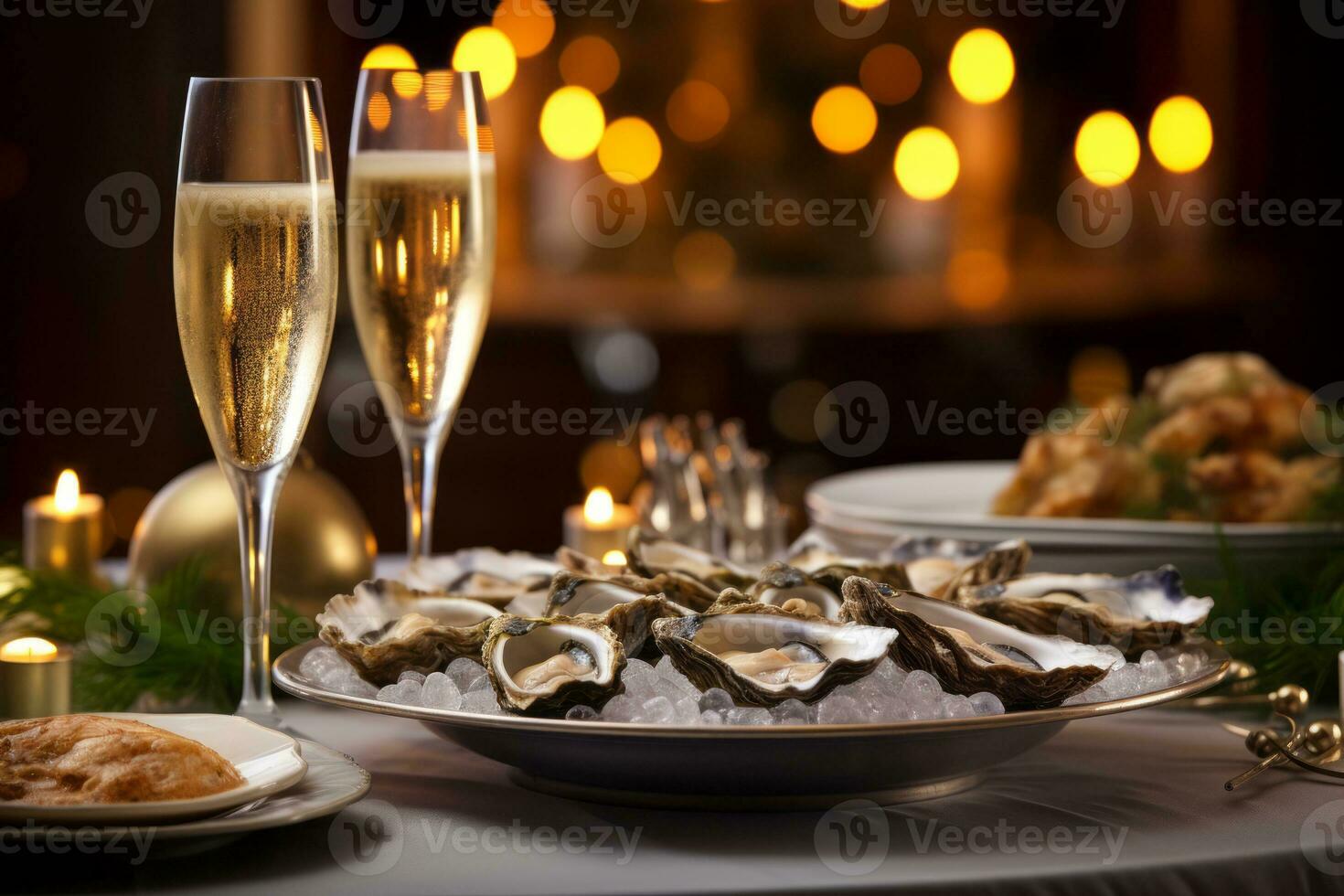 ai gegenereerd detailopname beeld van oesters gekoppeld met een glas van prima Champagne, versierd met Kerstmis hulst en fonkelend lichten in de achtergrond, creëren een luxueus vakantie humeur foto