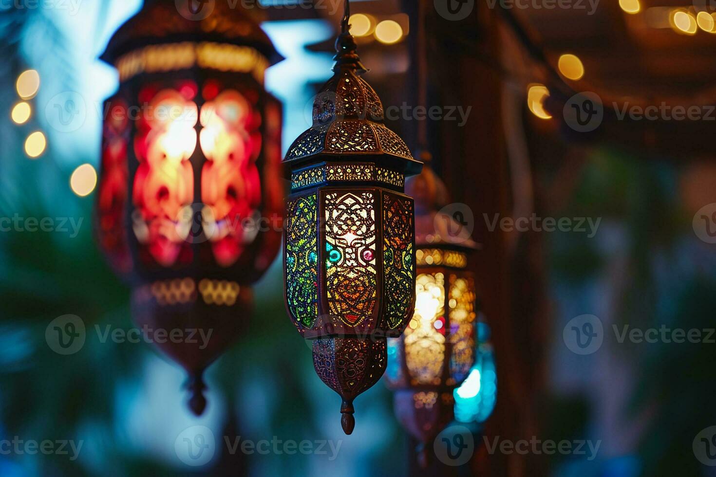 ai gegenereerd sier- Arabisch lantaarn met brandend kaars gloeiend Bij nacht uitnodiging voor moslim heilig maand Ramadan kareem foto