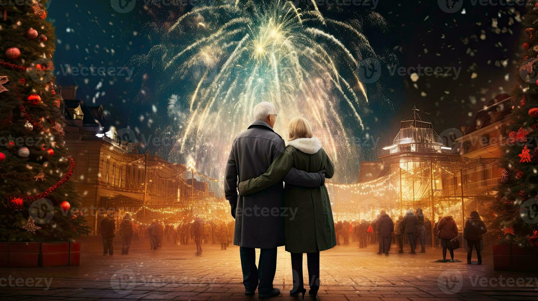 terug visie van ouderen paar op zoek Bij vuurwerk Aan Kerstmis vooravond foto