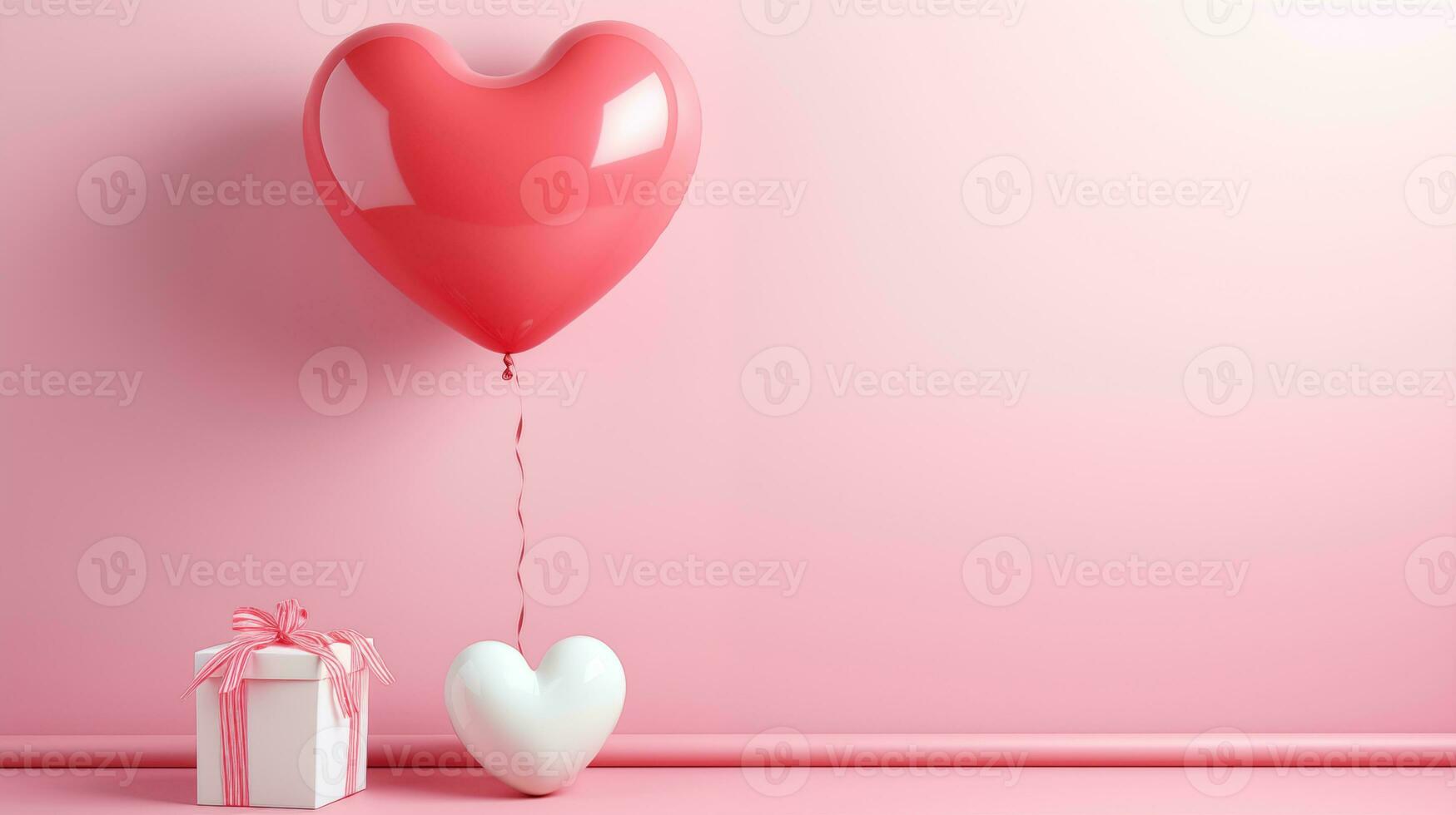 ai gegenereerd drijvend hart ballon en geschenkdoosachtergrond, wit en roze pastel, realistische foto, gelukkig Valentijn dag romantisch dag foto