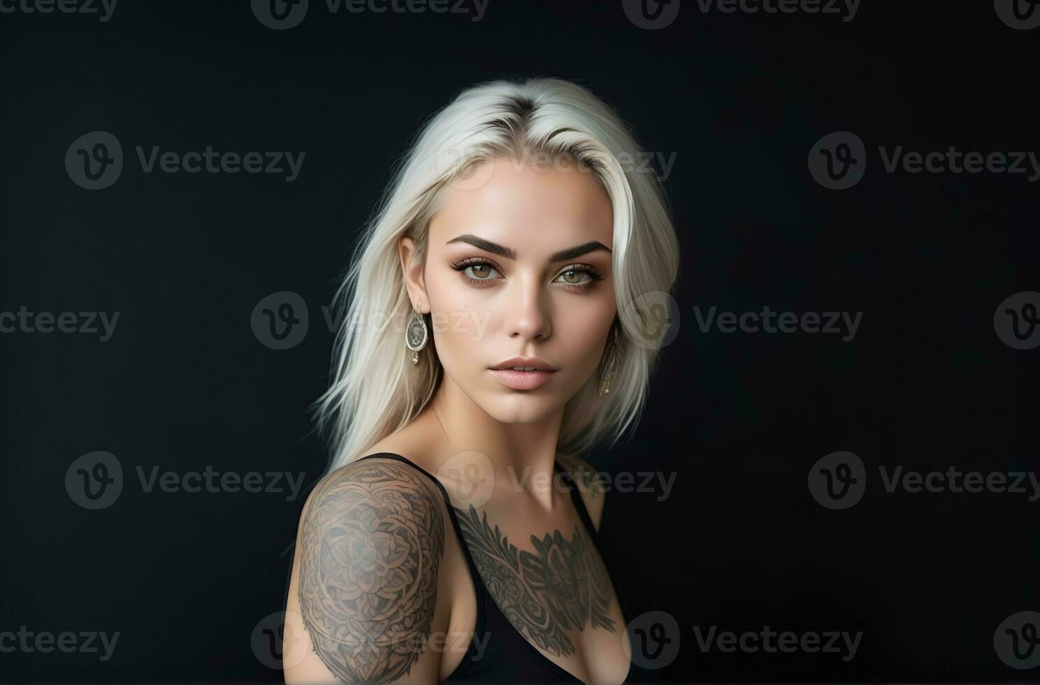 ai gegenereerd portret van een vrouw met een lichaam vol van artistiek tatoeages foto