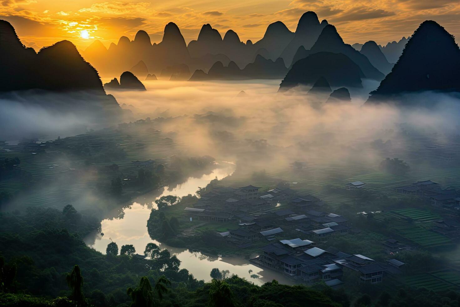 ai gegenereerd China Guilin Yangshuo landschap landschap Bij zonsopkomst met mist, ai gegenereerd foto