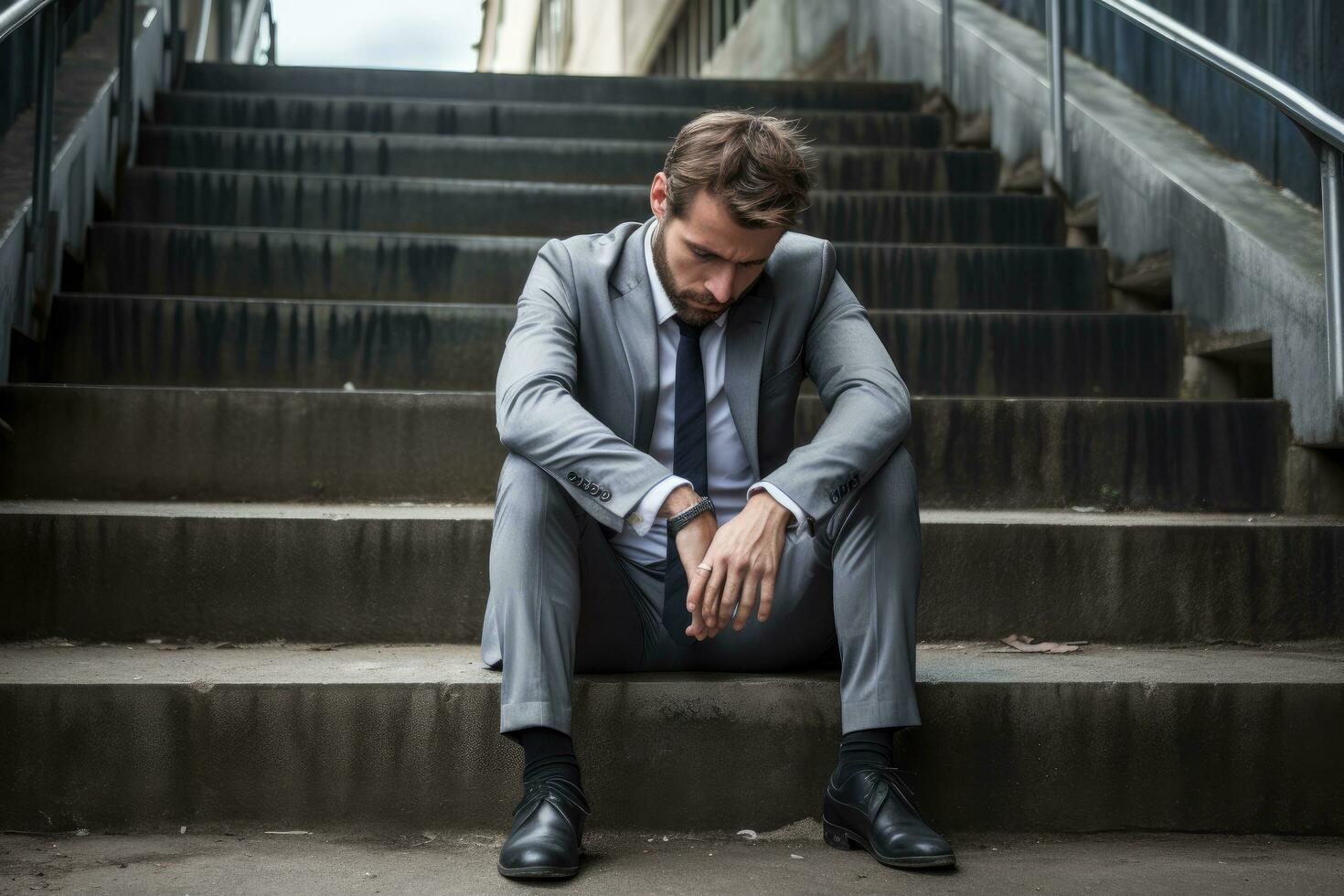 ai gegenereerd jong zakenman zittend Aan trap in de stad en lijden van knie pijn, zakenman in depressie zittend Aan grond straat beton trap, ai gegenereerd foto