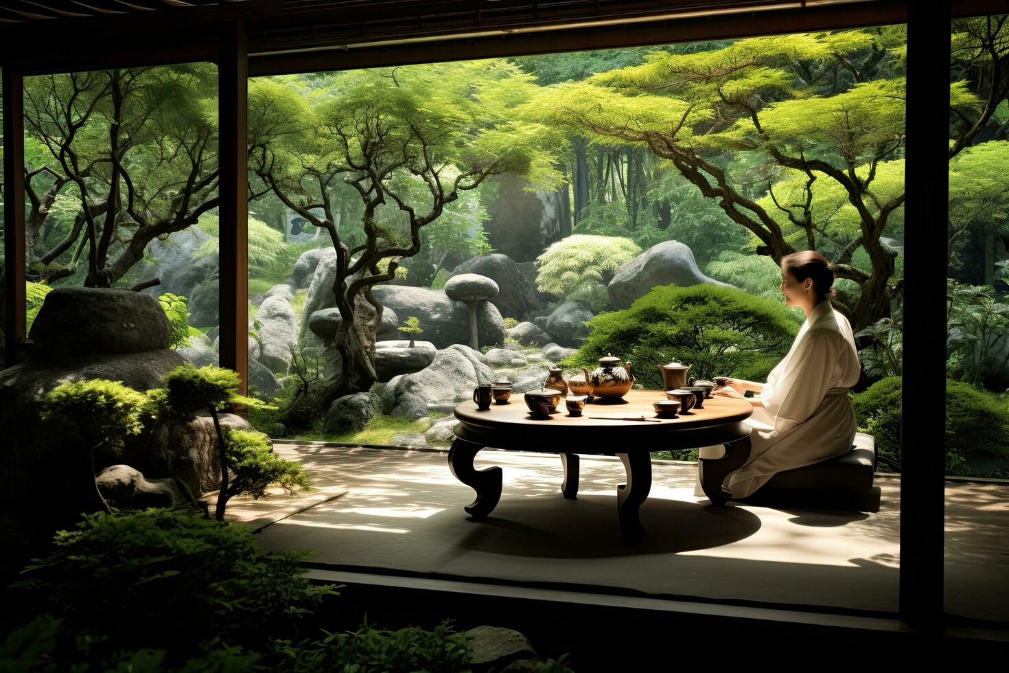 ai gegenereerd een jong vrouw in een wit jurk is zittend Bij een tafel in een Japans tuin, ai gegenereerd foto