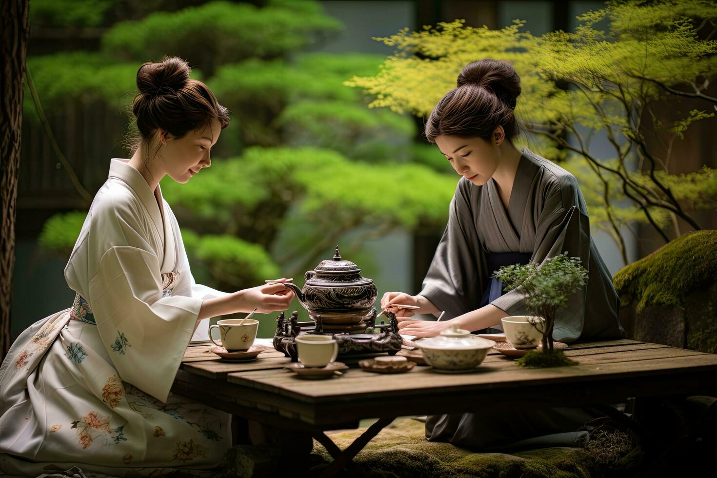 ai gegenereerd Japans paar hebben thee ceremonie in Japans tuin, selectief focus, ai gegenereerd foto