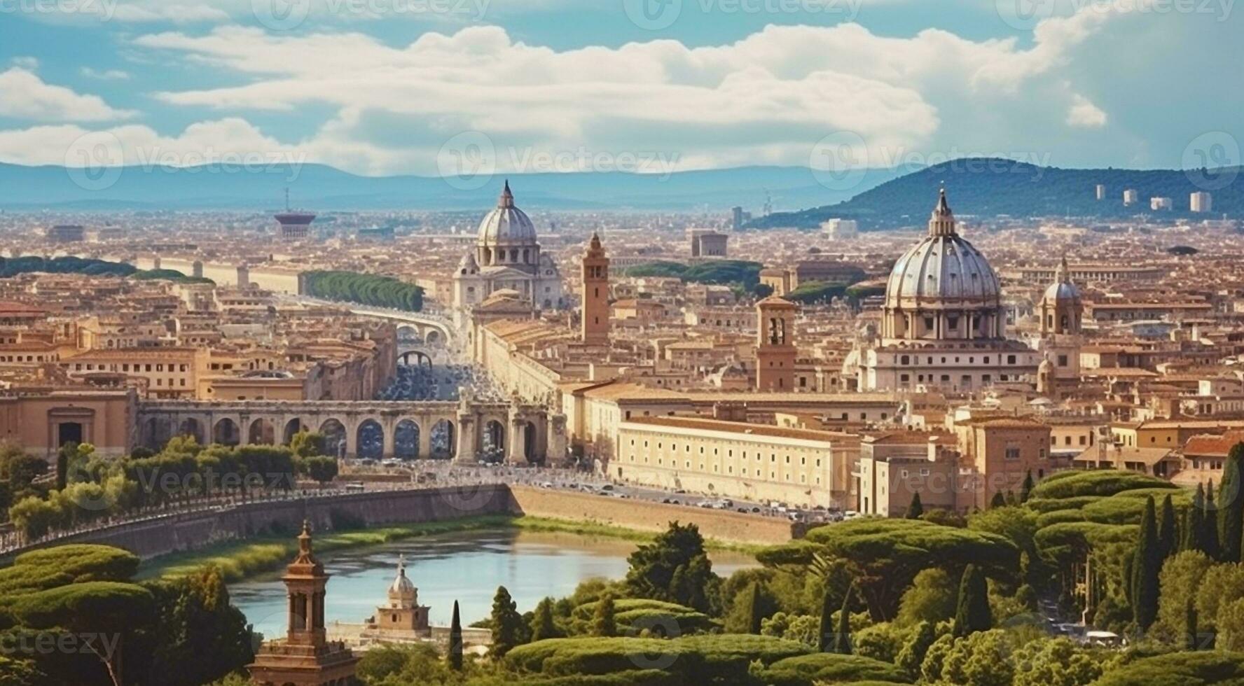 ai gegenereerd panoramisch visie van Rome, panoramisch visie van antiek stad Rome, top visie van de stad foto