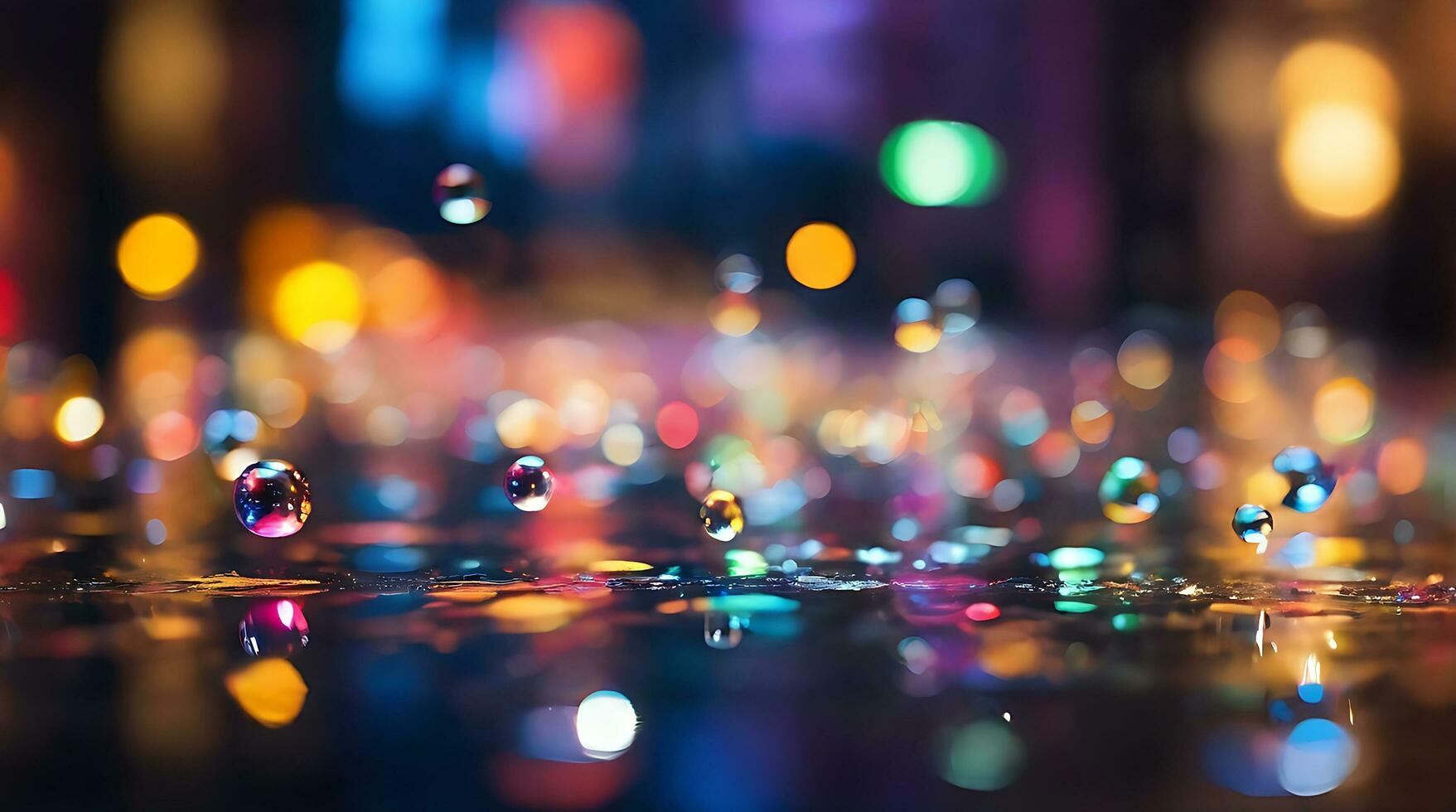 ai gegenereerd wazig confetti, water bubbels, regenen, wazig, nacht, stad lichten, wazig achtergrond, bokeh lichten, diepte van veld, abstract achtergrond, veelkleurig, regenboog, stad Kerstmis licht, foto