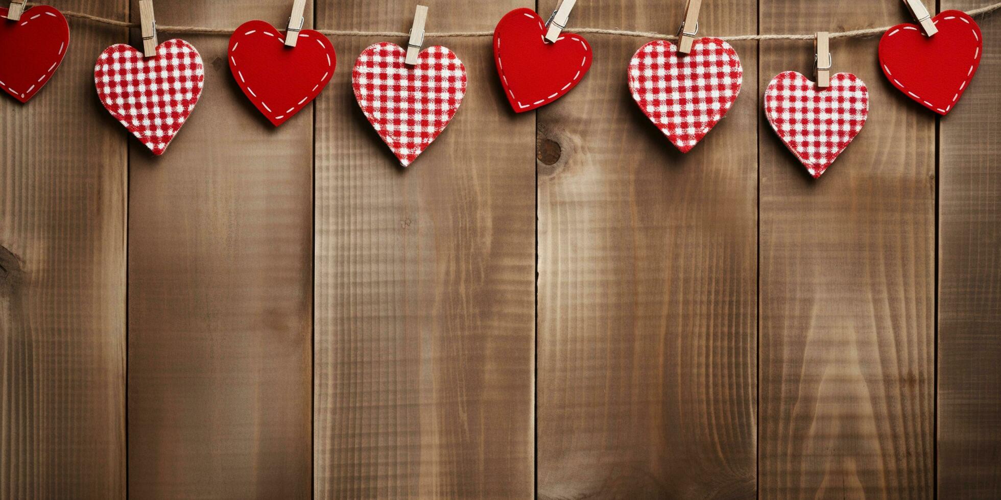 ai gegenereerd Valentijnsdag dag achtergrond met rood harten en wasknijpers Aan houten achtergrond gelukkig Valentijnsdag dag gegenereerd ai foto