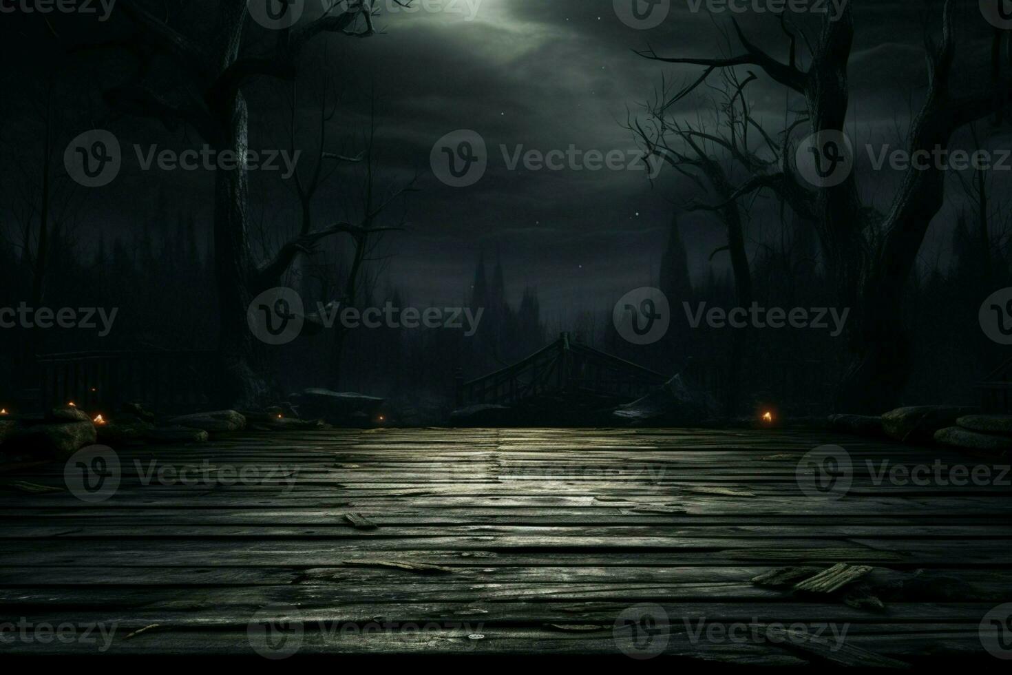 ai gegenereerd spookachtig tafereel mysterieus halloween atmosfeer met chillen houten planken backdrop ai gegenereerd foto