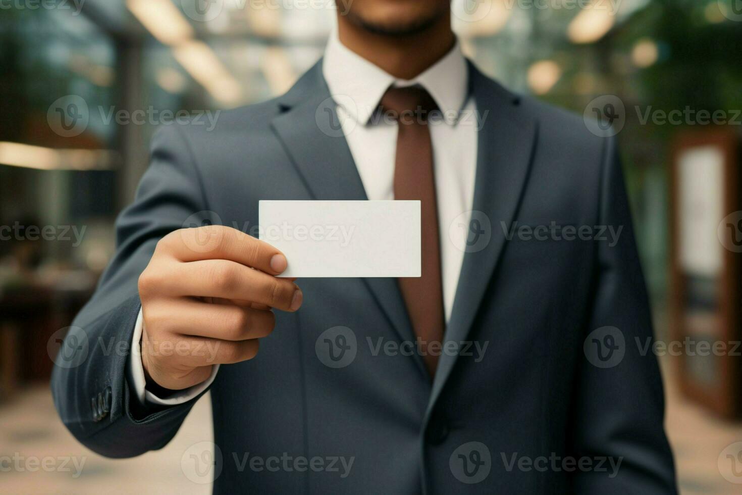 ai gegenereerd scherp presentatie een dichtbij omhoog van een man's handen in een pak weergeven een bedrijf kaart mockup ai gegenereerd foto