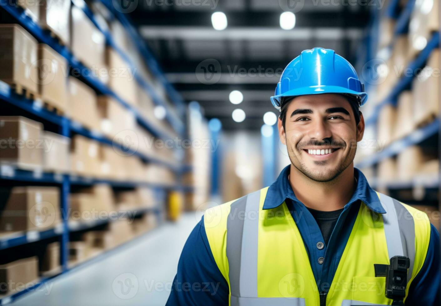 ai gegenereerd portret van een glimlachen jong mannetje magazijn arbeider in een magazijn. foto