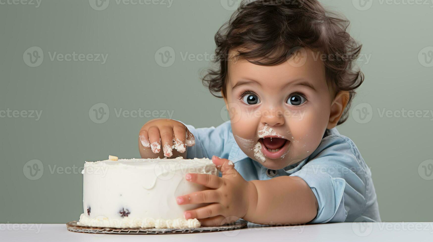 ai gegenereerd aanbiddelijk baby's eerste verjaardag taart verpletteren, kleuter genieten van romig nagerecht, schattig rommelig kind aan het eten taart, perfect voor partij uitnodigingen en familie bloggen. foto