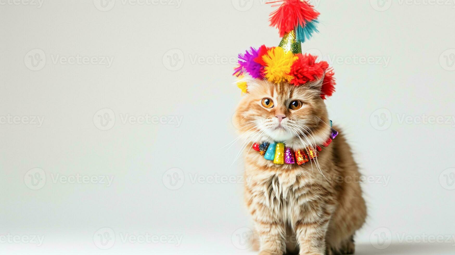 ai gegenereerd banier aanbiddelijk gember kat in partij hoed en feestelijk halsband Aan wit achtergrond - perfect voor verjaardag kaarten of viering thema's foto