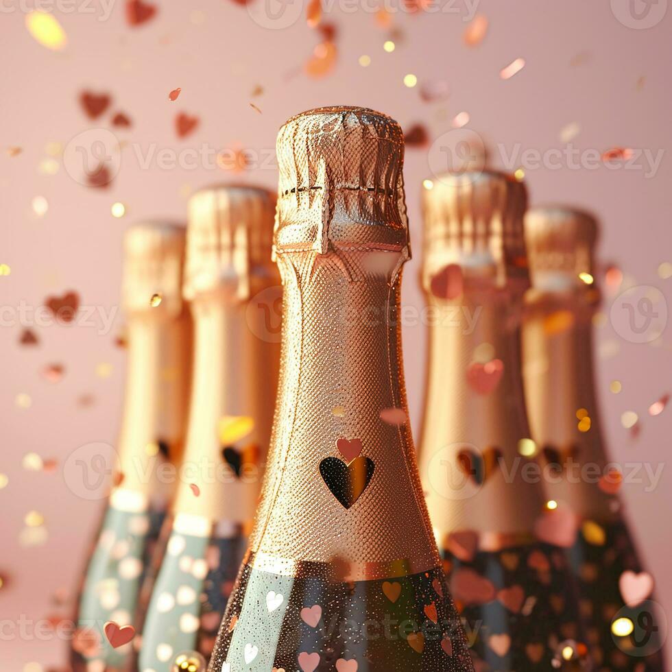 ai gegenereerd Champagne flessen met sprankelend folie en hart confetti, perfect voor romantisch feesten, Valentijnsdag dag, en feestelijk gelegenheden foto