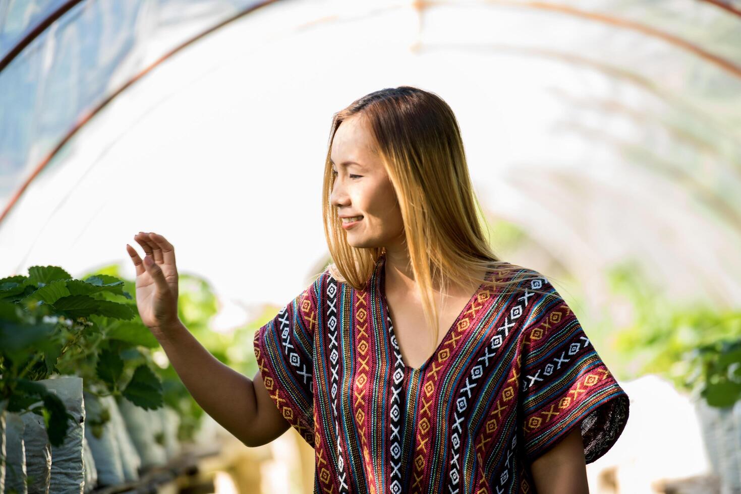 mooie boerenvrouw die aardbeienboerderij controleert foto