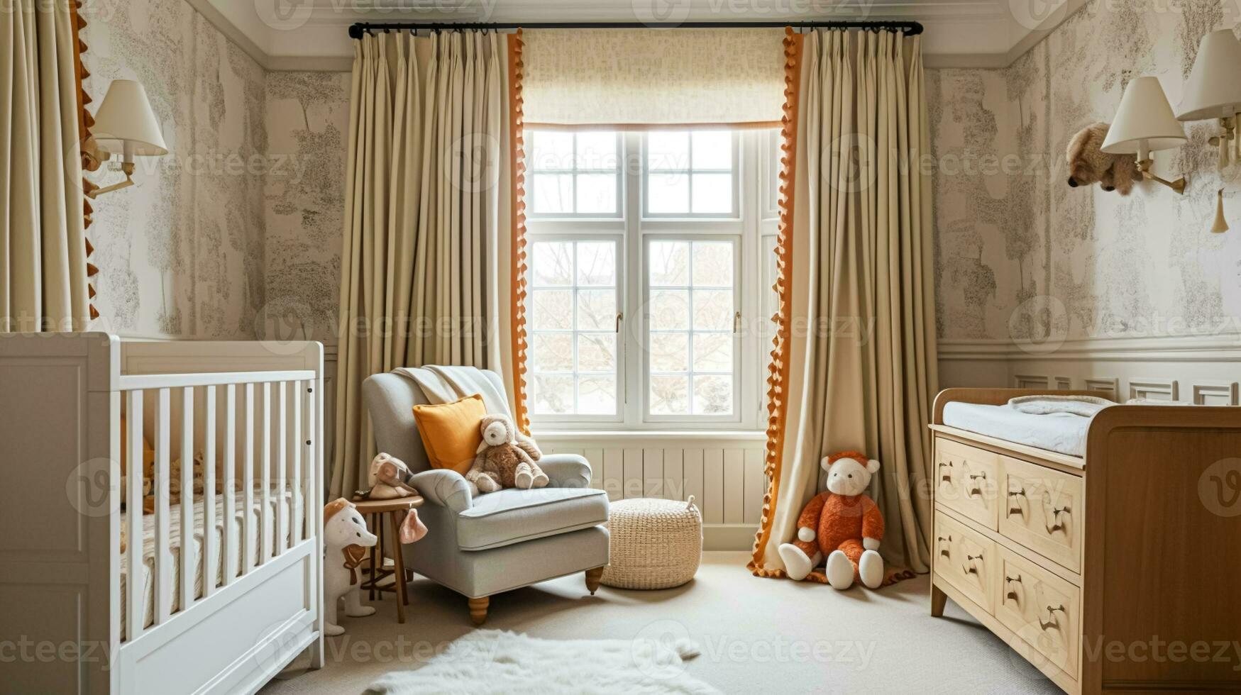 ai gegenereerd baby kamer decor en interieur ontwerp inspiratie in de Engels platteland stijl huisje foto