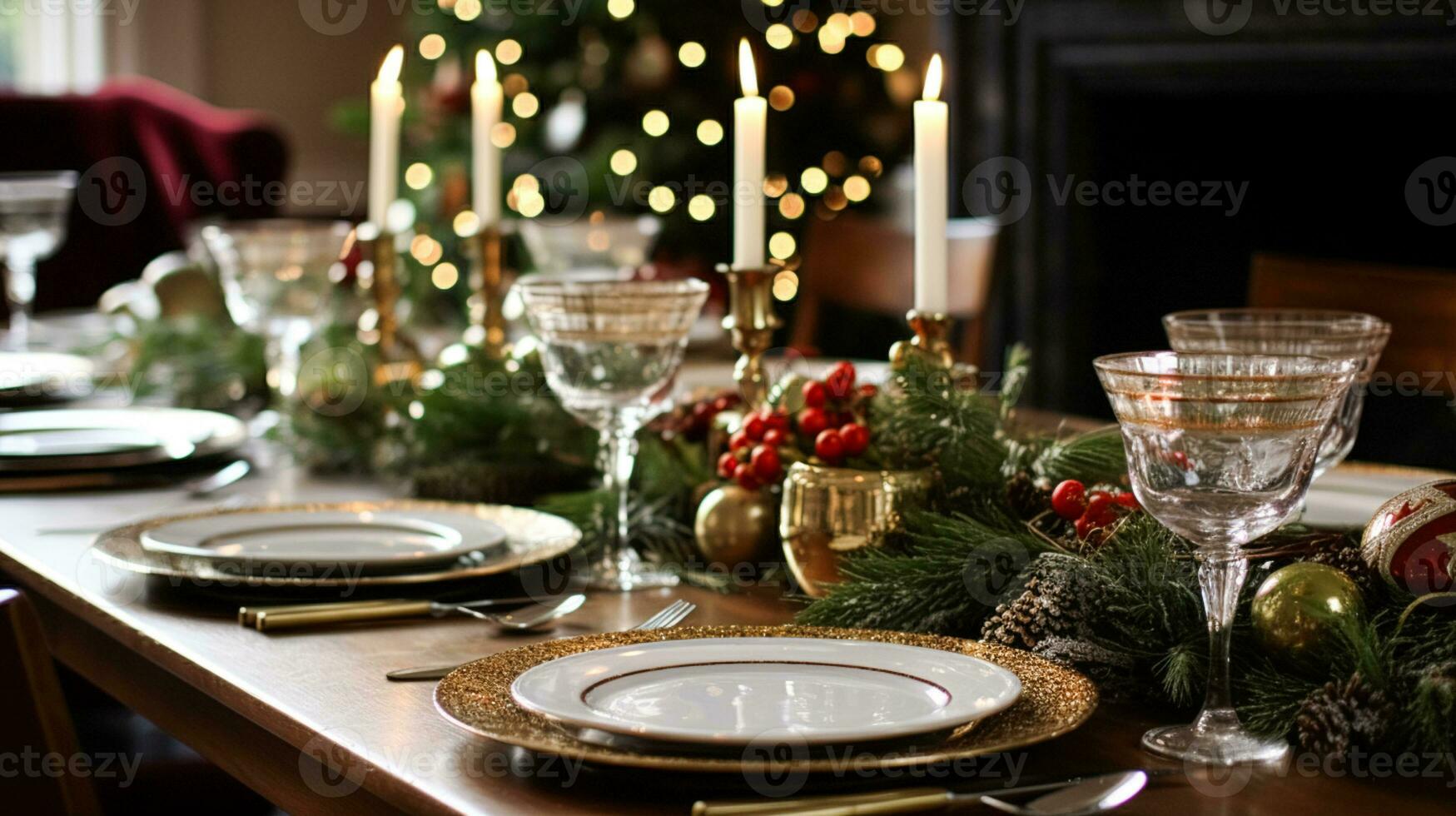 ai gegenereerd vakantie tafel decor, Kerstmis vakantie viering, tafellandschap en avondeten tafel instelling, Engels land decoratie en huis styling foto