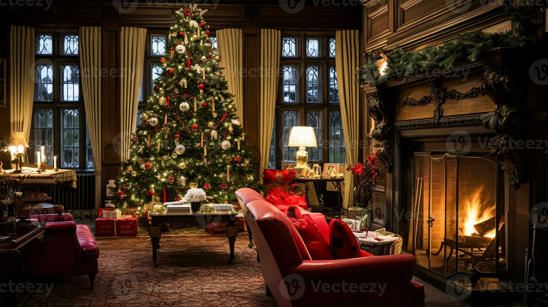 ai gegenereerd Kerstmis Bij de landhuis, Engels platteland decoratie en interieur decor foto
