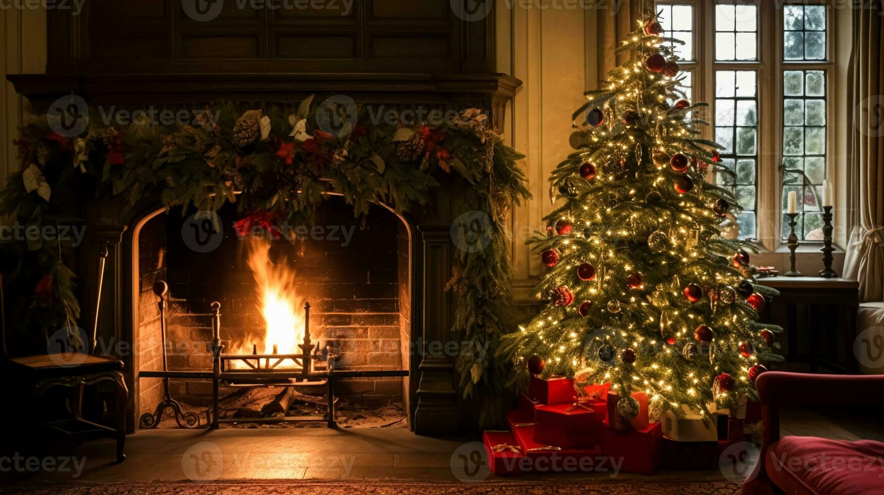 ai gegenereerd Kerstmis Bij de landhuis, Engels platteland decoratie en interieur decor foto