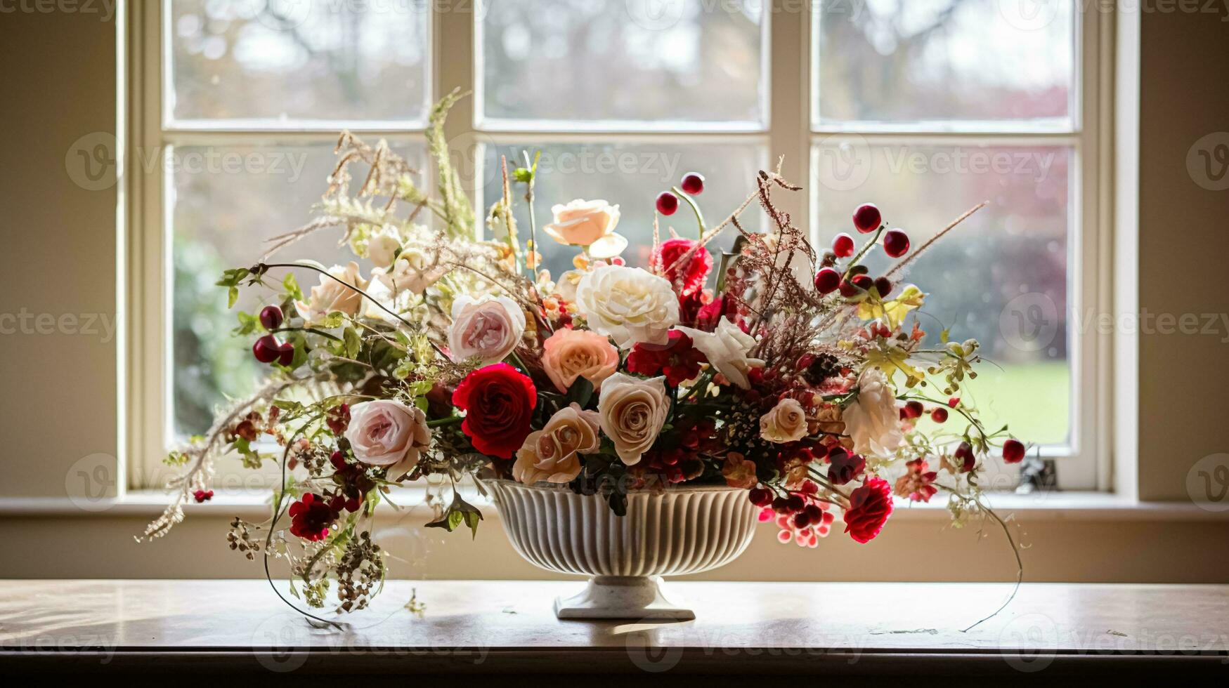 ai gegenereerd bloemen arrangement met winter, herfst of vroeg voorjaar botanisch planten en bloemen foto