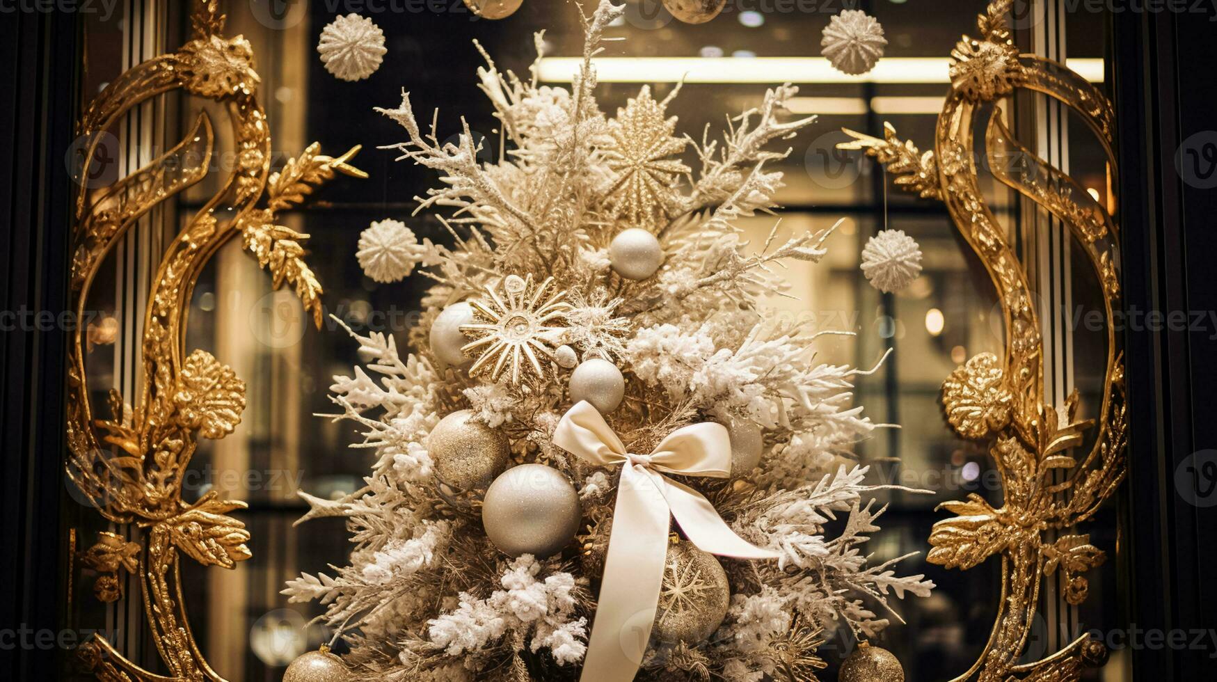 ai gegenereerd Kerstmis decoratie details Aan Engels gestileerd luxe hoog straat stad op te slaan deur of boodschappen doen venster Scherm, vakantie uitverkoop en winkel decor foto