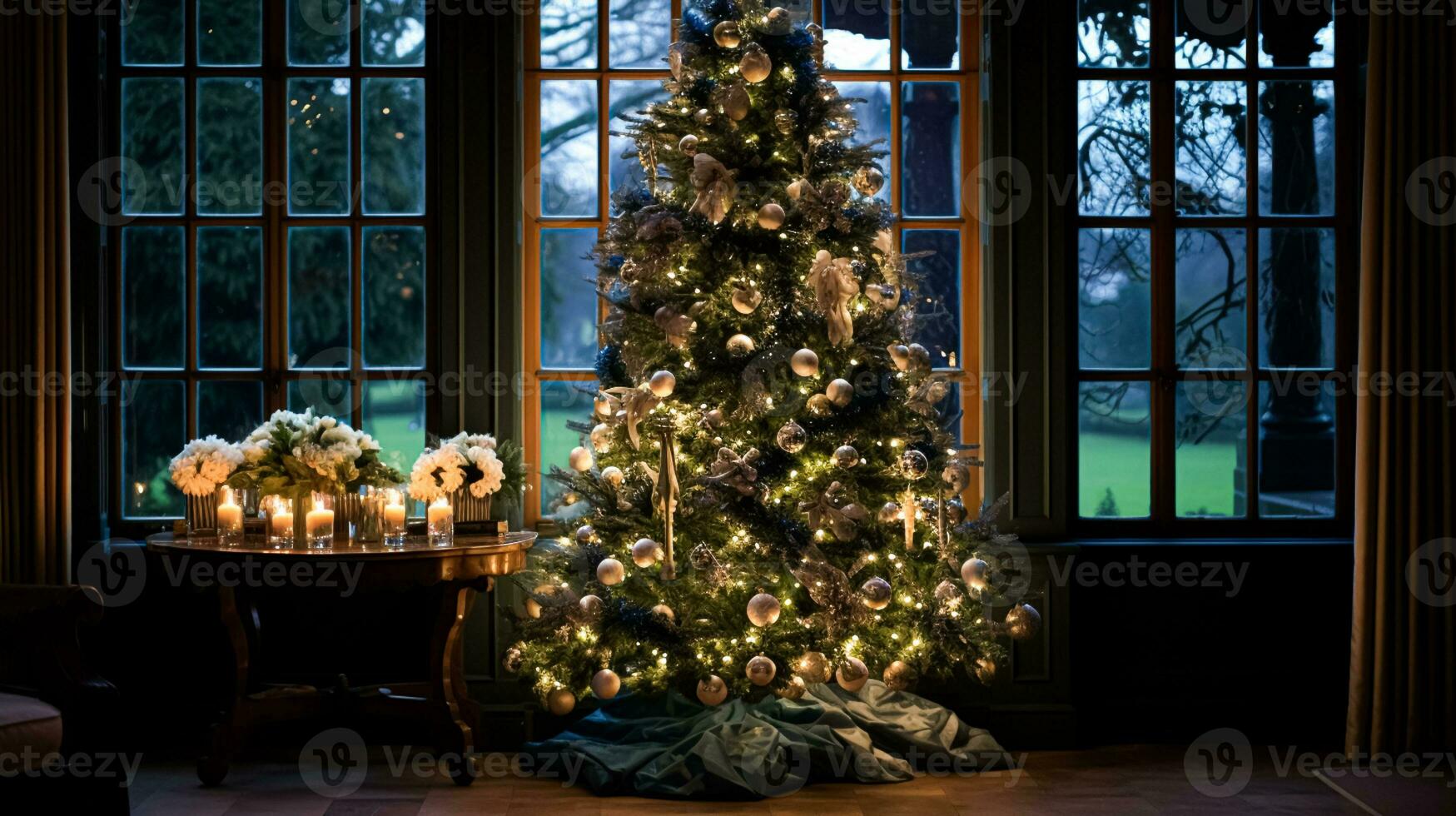 ai gegenereerd Kerstmis Bij de landhuis, Engels platteland decoratie en interieur decor foto