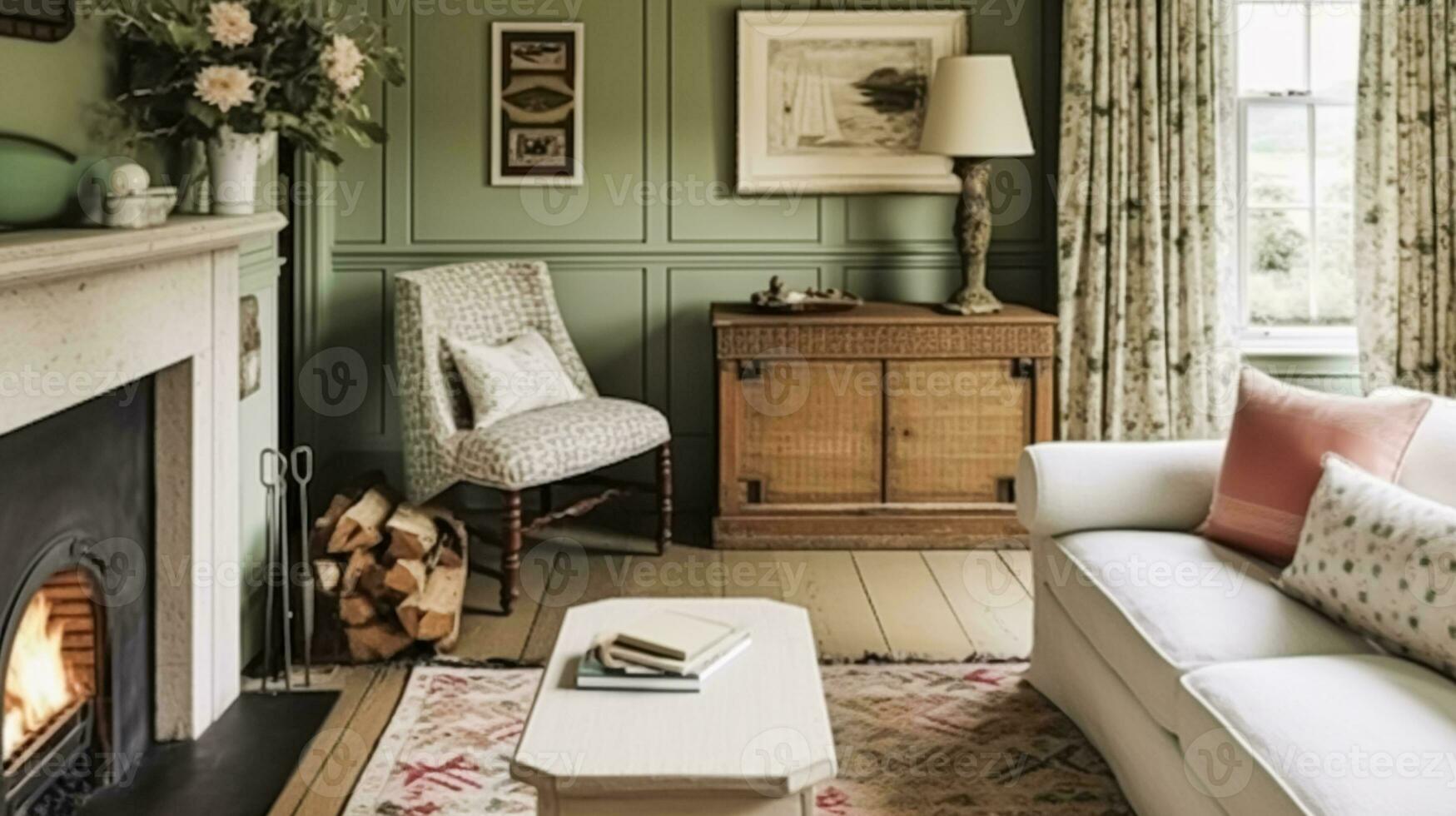 ai gegenereerd antiek huisje zittend kamer, groen muur leven kamer interieur ontwerp en land huis huis decor, bank, haard en lounge meubilair, Engels platteland stijl foto