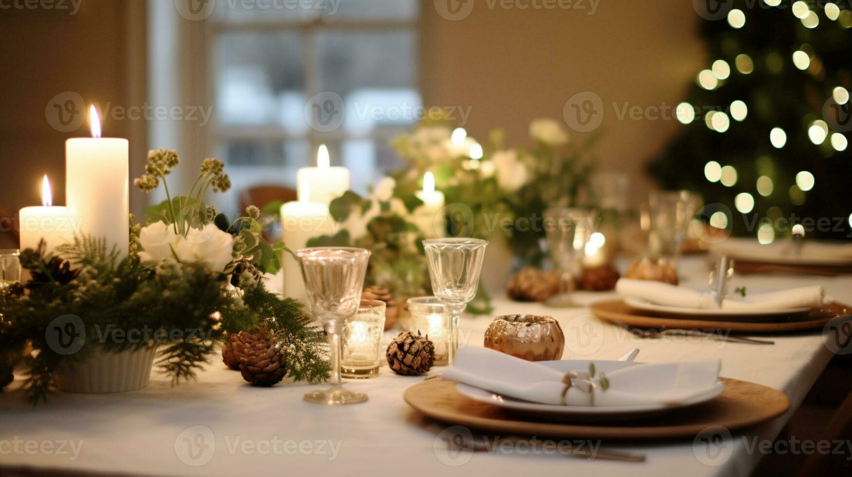 ai gegenereerd Kerstmis tafel decor, vakantie tafellandschap en avondeten tafel instelling, formeel evenement decoratie voor nieuw jaar, familie viering, Engels land en huis styling foto