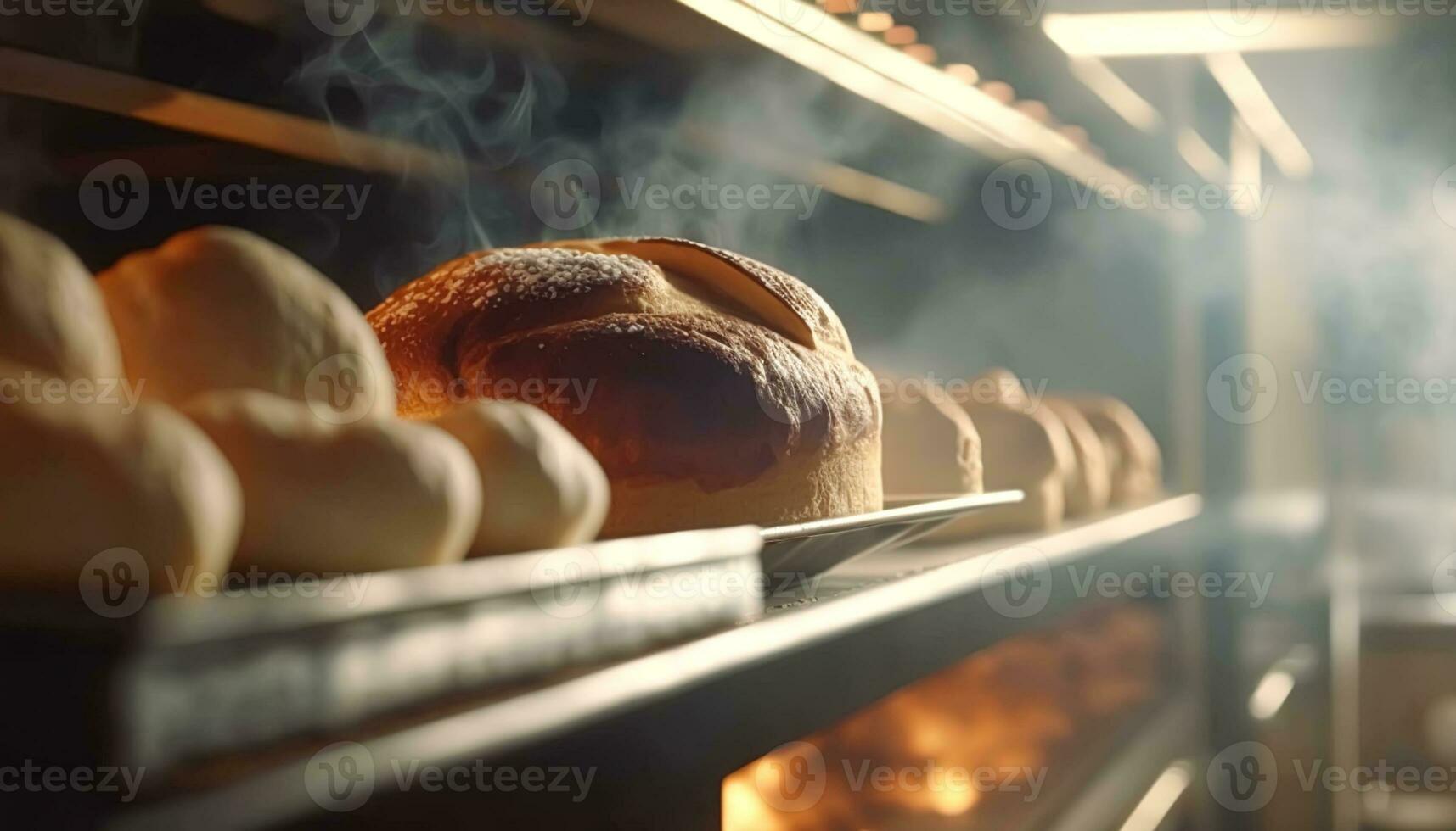 ai gegenereerd bakkerij in de ochtend, heet vers brood en gebakje bakken in de oud stad- bakkerij, vers gebakken producten Aan schappen en de oven, klein lokaal bedrijf en voedsel productie. generatief ai foto