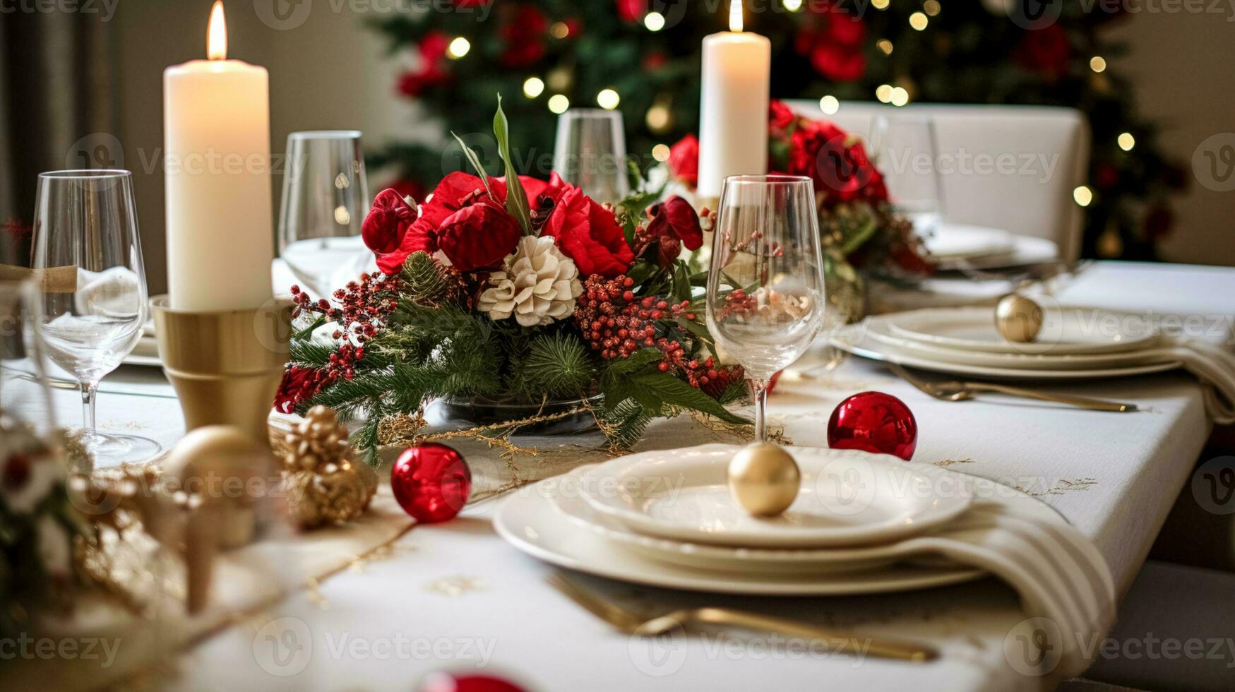 ai gegenereerd vakantie tafel decor, Kerstmis vakantie viering, tafellandschap en avondeten tafel instelling, Engels land decoratie en huis styling foto