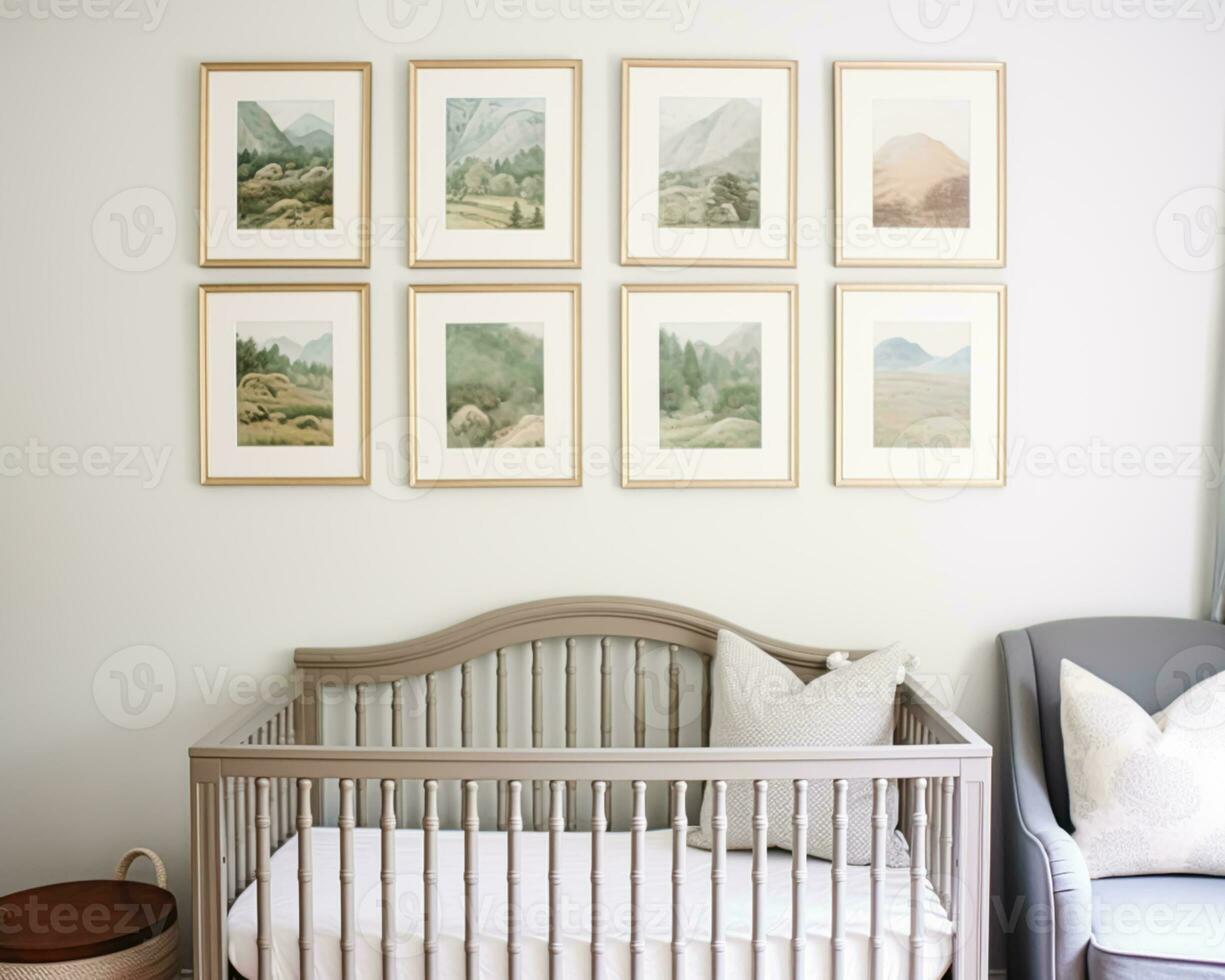 ai gegenereerd kinderkamer galerij muur, huis decor en muur kunst, ingelijst kunst in de Engels land huisje interieur, kamer voor diy afdrukbare artwork mockup en afdrukken winkel foto