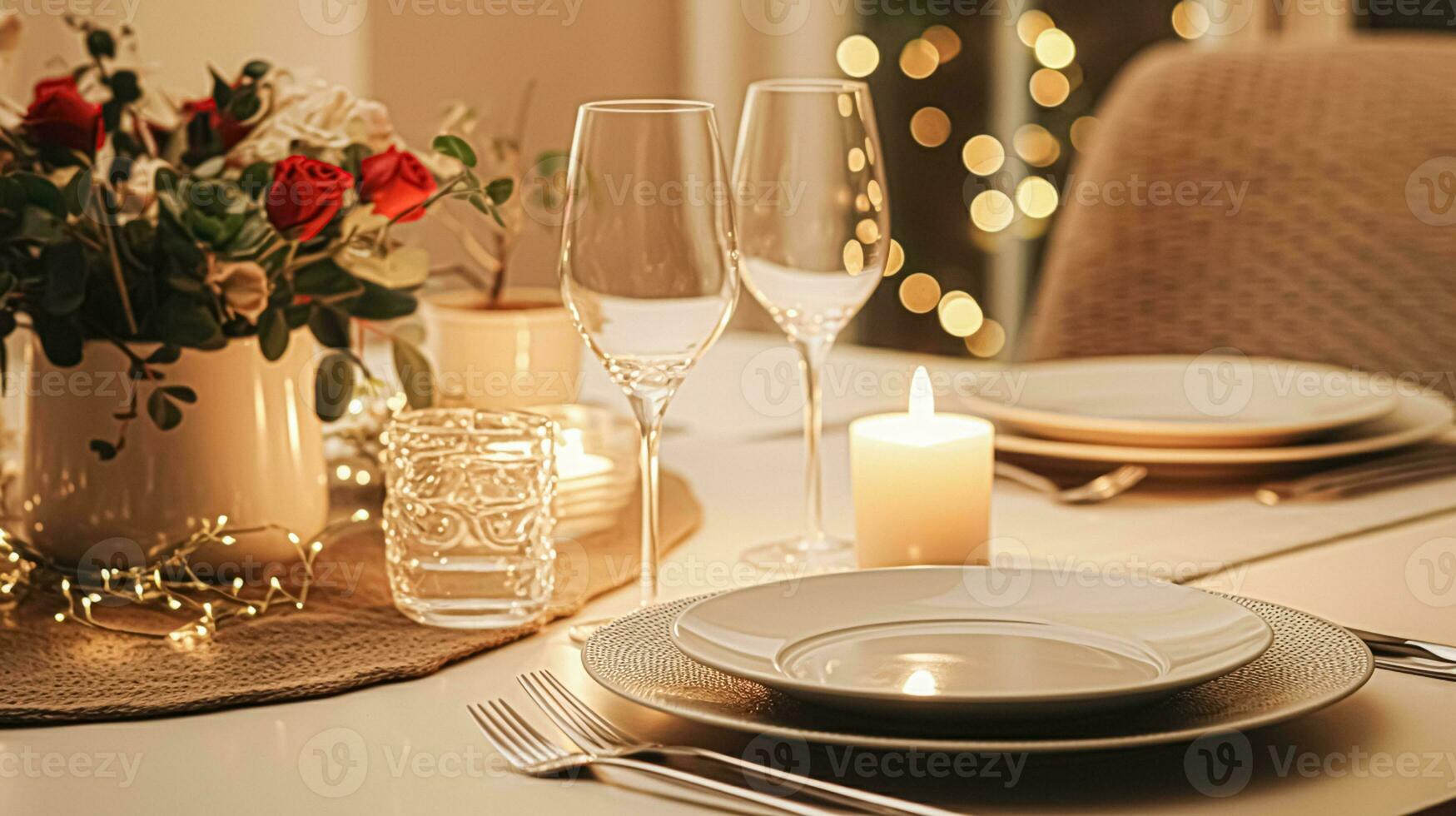 ai gegenereerd feestelijk datum nacht tafellandschap idee, avondeten tafel instelling voor twee en kerstmis, nieuw jaar, valentijnsdag dag decor, Engels land huis styling foto