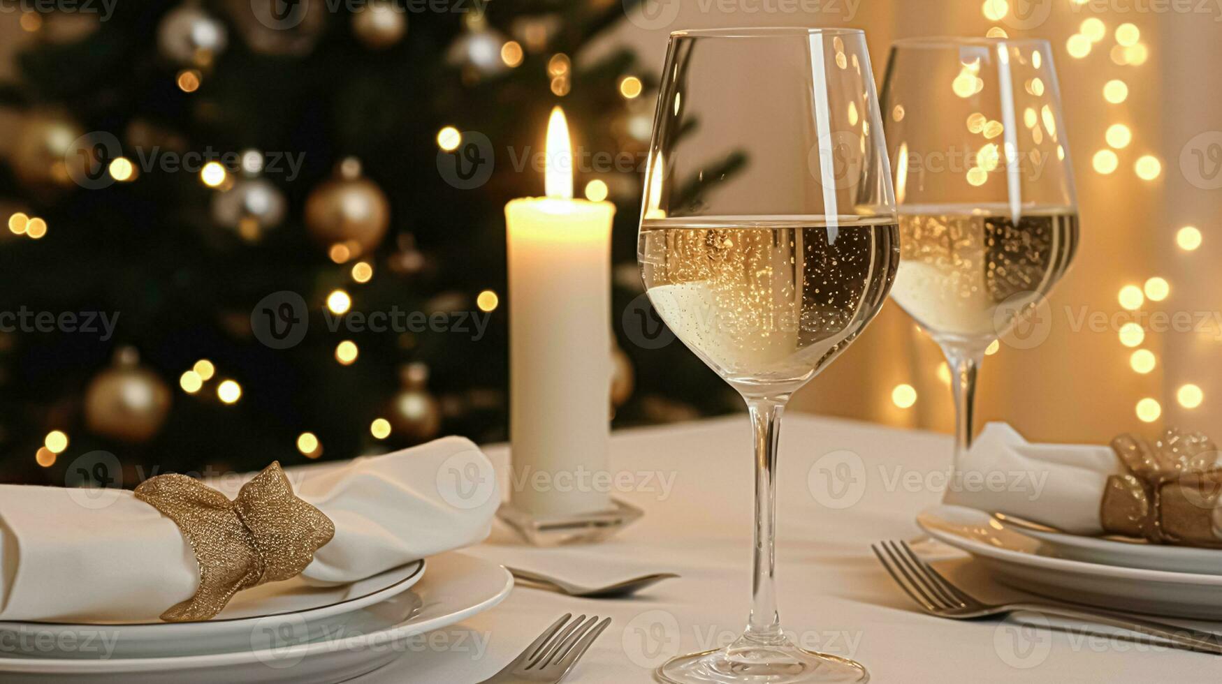 ai gegenereerd feestelijk datum nacht tafellandschap idee, avondeten tafel instelling voor twee en kerstmis, nieuw jaar, valentijnsdag dag decor, Engels land huis styling foto