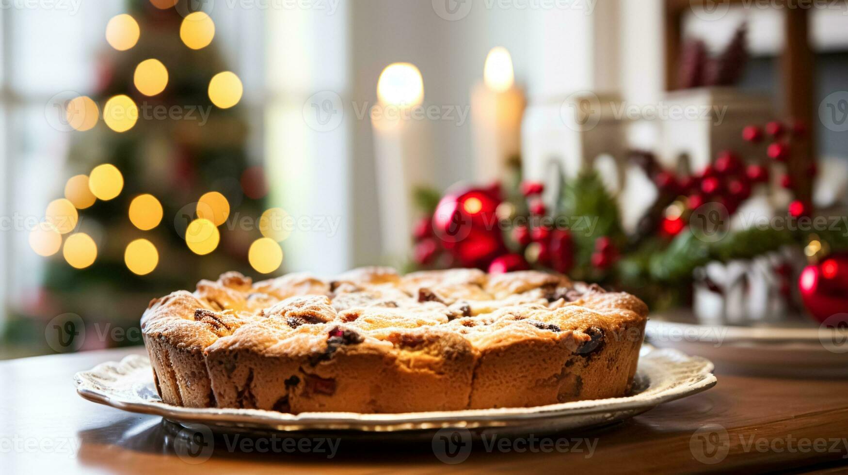 ai gegenereerd Kerstmis taart, vakantie recept en huis bakken, maaltijd voor knus winter Engels land avondeten in de huisje, eigengemaakt voedsel en Brits keuken foto