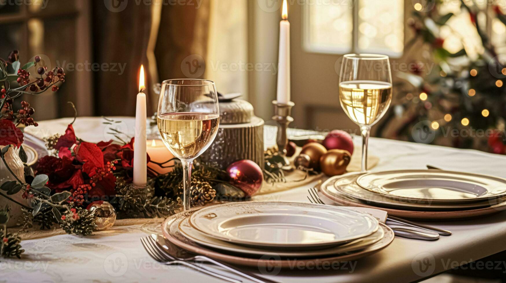 ai gegenereerd feestelijk datum nacht tafellandschap idee, avondeten tafel instelling voor twee en kerstmis, nieuw jaar, valentijnsdag dag decor, Engels land huis styling foto