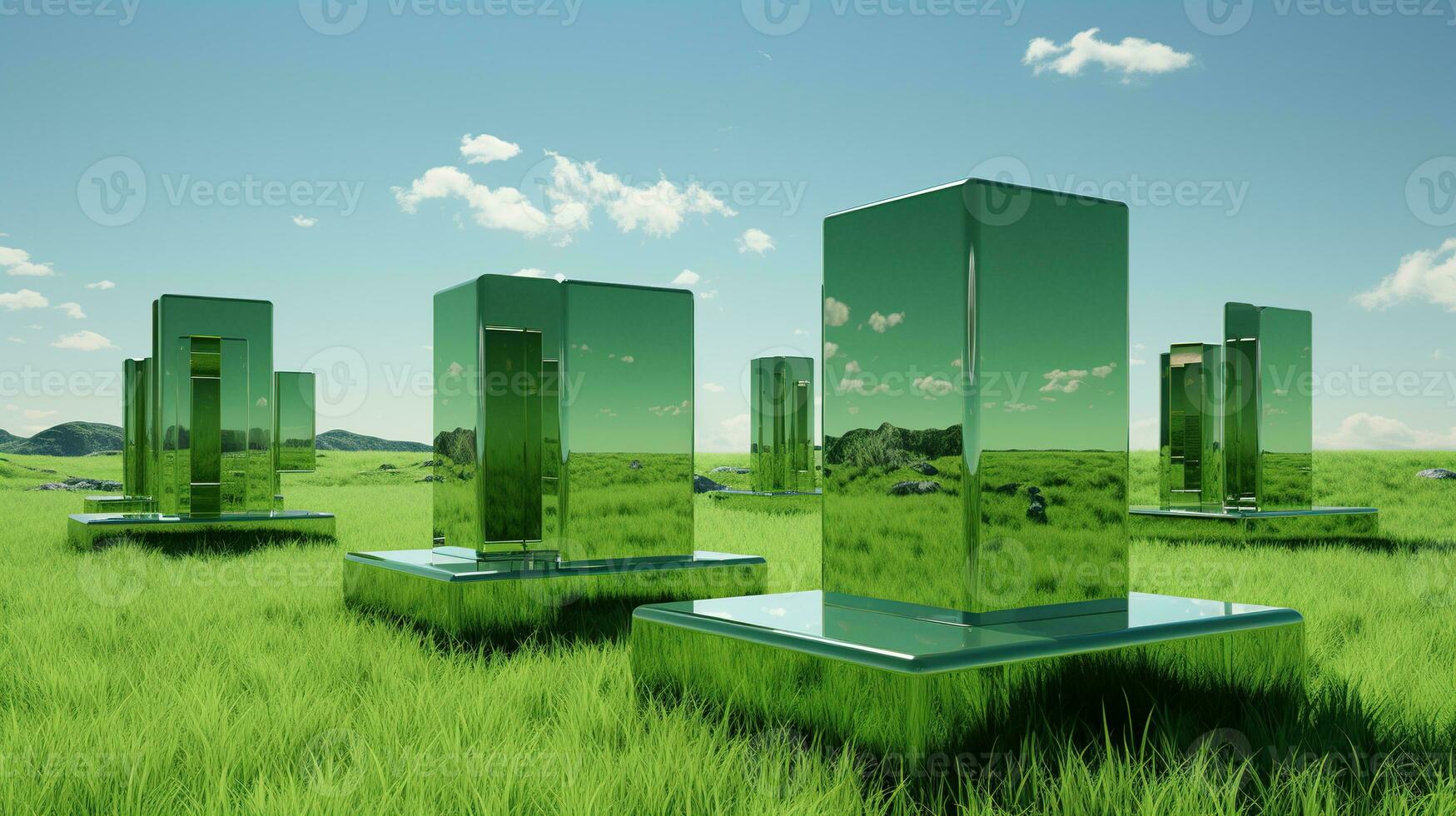 ai gegenereerd groep van spiegels staand Aan groen veld- foto