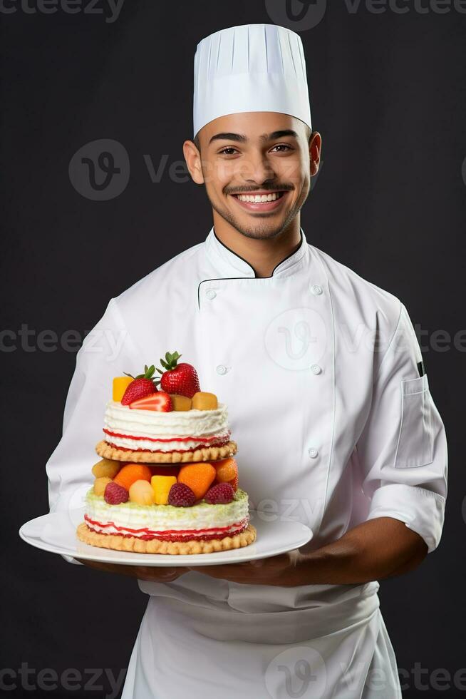 ai gegenereerd chef in wit uniform hodling een bord van aardbei taart foto