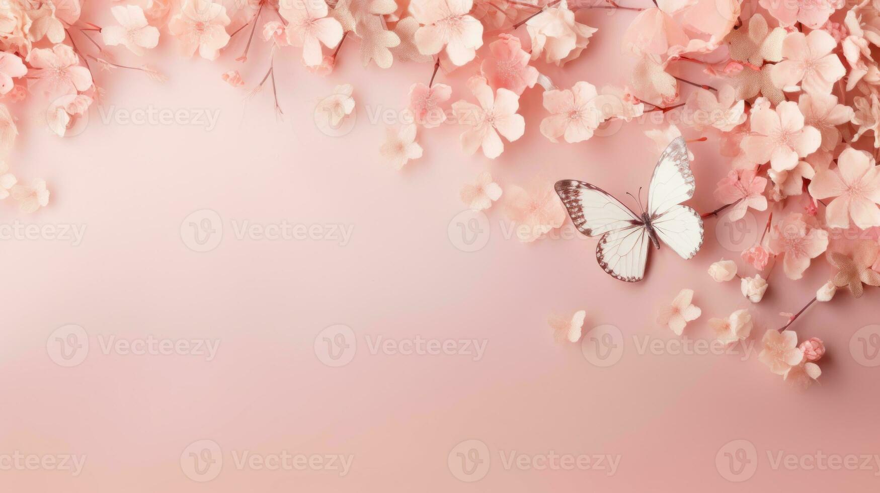 ai gegenereerd levendig vlinders en bloeiend bloemen tegen een zacht perzik roze achtergrond. pastel kleuren. banier met kopiëren ruimte. ideaal voor achtergronden, achtergronden, groet kaarten, spandoeken, affiches. foto