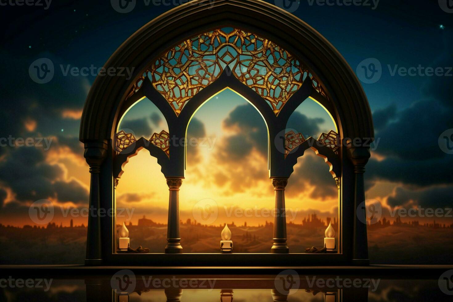 ai gegenereerd goddelijk Ramadan eid mubarak moskee silhouet, lantaarn, stralend achtergrond foto