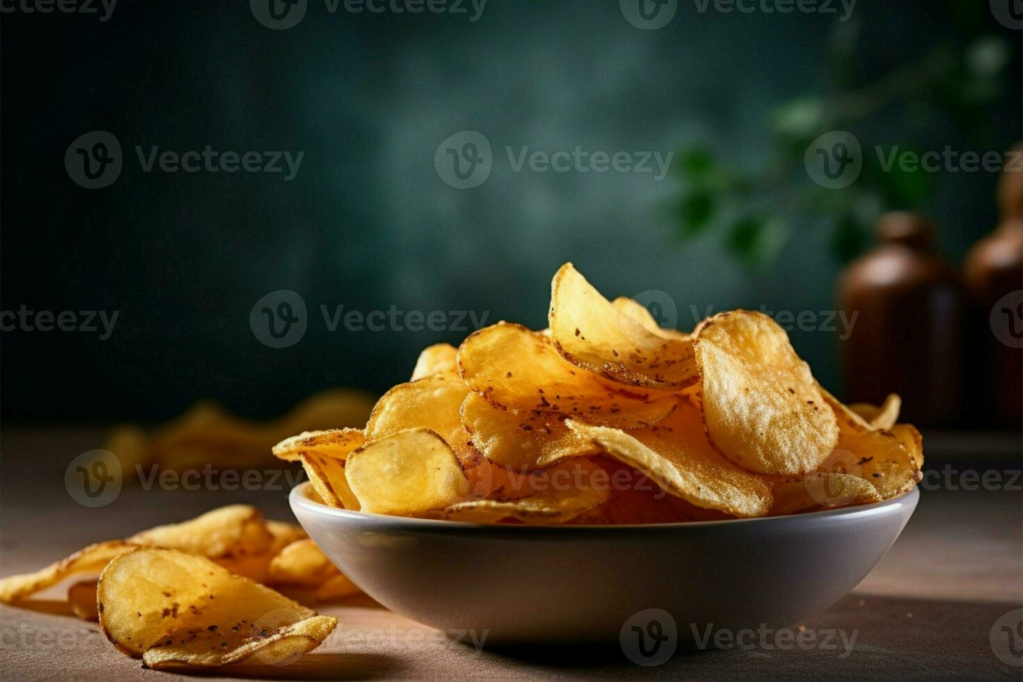 ai gegenereerd onweerstaanbaar knarsen genieten de heerlijkheid van gouden, krokant aardappel chips foto