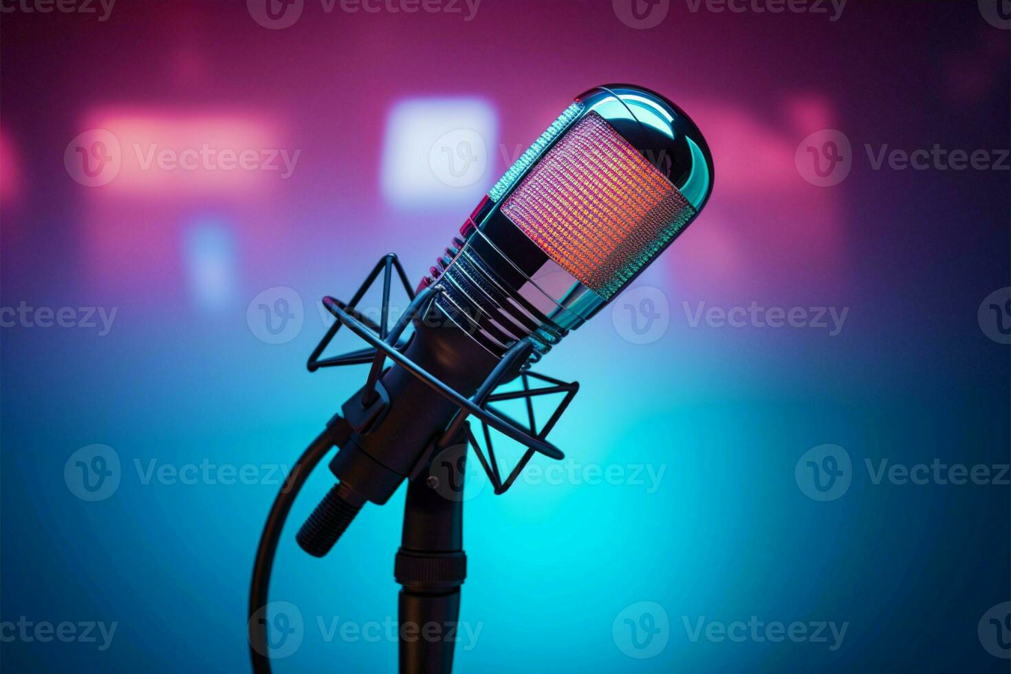 ai gegenereerd neon elegantie studio microfoon banier verlichte met rood en blauw lichten foto